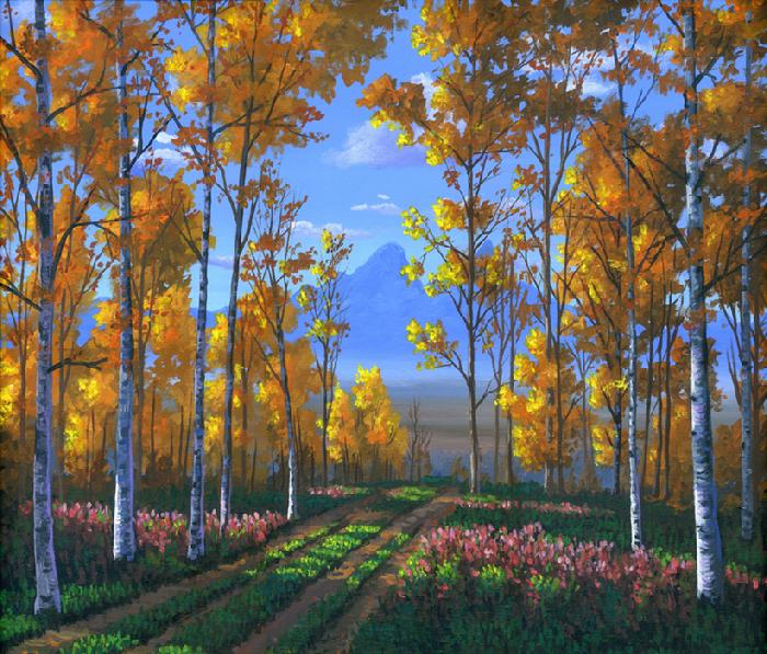 Painting #690: Aspen Forest In The Fall. Original acrylic painting on canvas 20x24 inches by Ben Saber. This original painting is sold. Prints on canvas are available