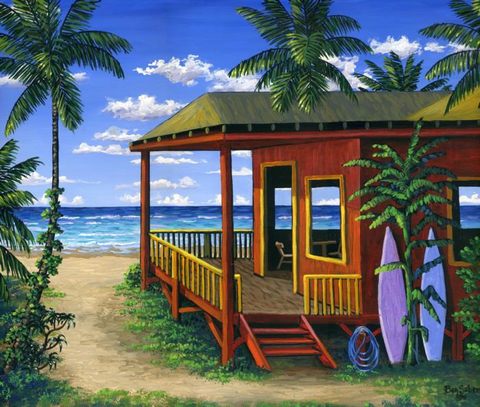 Hawaiian Beach Cabin Morning painting picture art print