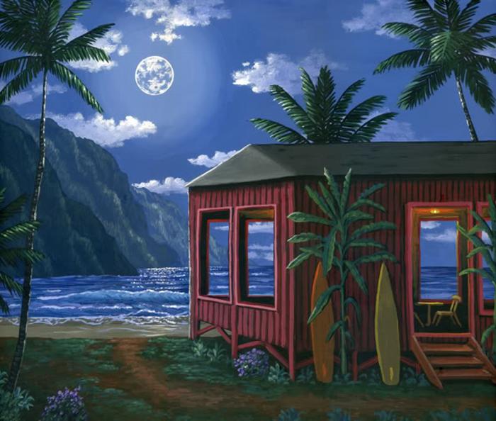 Hawaiian beach cabin in the moonlight painting picture print canvas