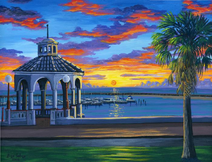 Painting #577 Corpus Chrisiti Texas Waterfront at Sunrise. Original acrylic painting on canvas 18 x 24 inches stretched