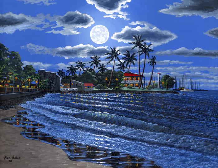 Lahaina Town Beach painting The Moonlight, Maui Hawaii painting picture art print