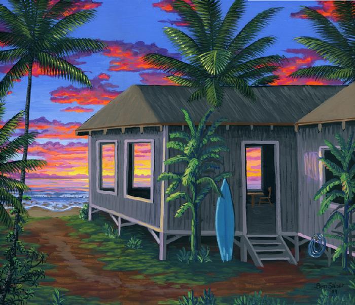 Hawaiian Beach Cabin Sunset painting art print