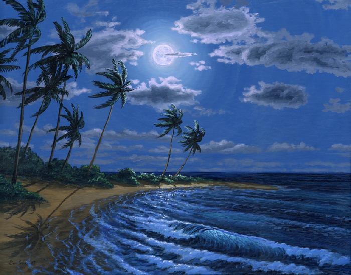 Hawaiian beach in the moonlight painting picture ocean moon night sand palm tree wave