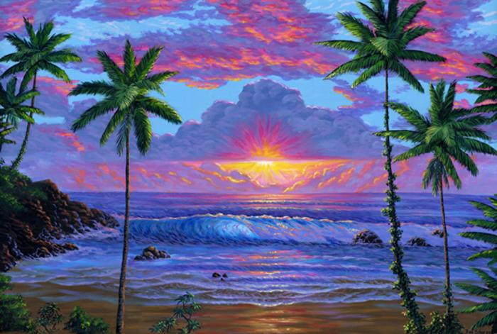 Hawaiian beach at sunset painting #162. Original acrylic on canvas 24 x 36 inches. Prints On Canvas are Available