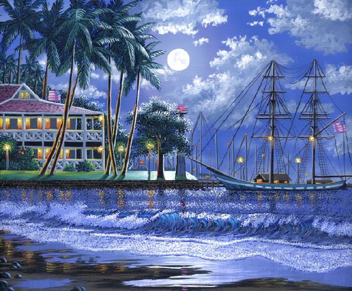 lahaina harbor night painting picture maui hawaii print art