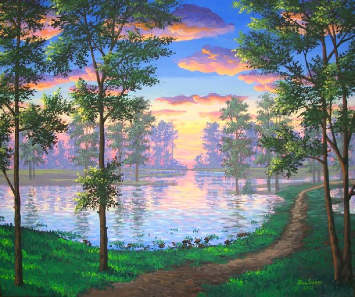 Painting Nature trail Sunset Original acrylic painting on canvas Ben Saber youtube painting video free art lesson