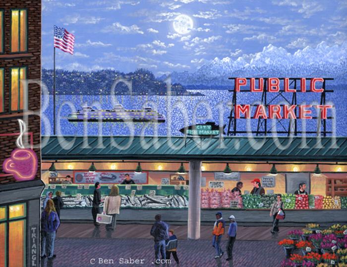 pike place market night seattle painting picture