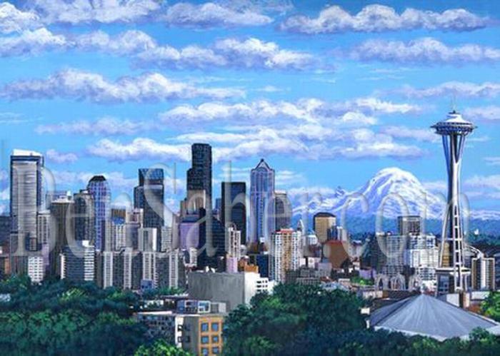 Downtown Seattle Painting Picture Space Needle Mt Rainier