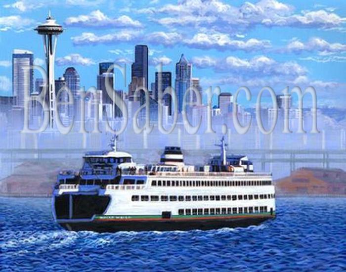 Downtown seattle ferry painting space needle skyline picture