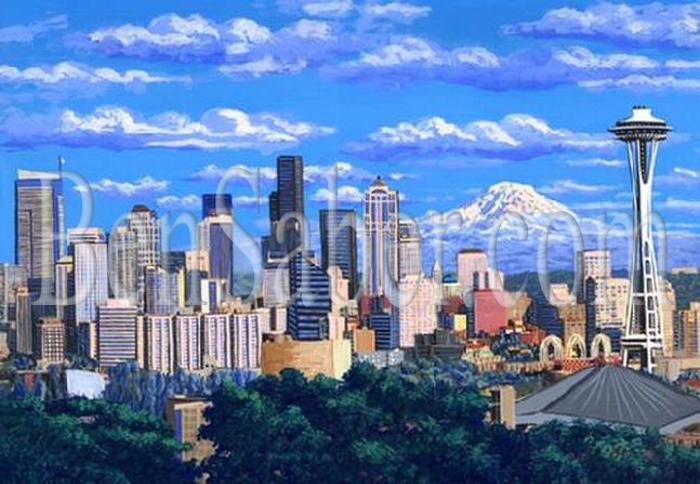 downtown seattle view queen ann park space needle painting picture mt rainier