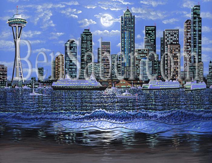 Downtown seattle painting alki beach night picture