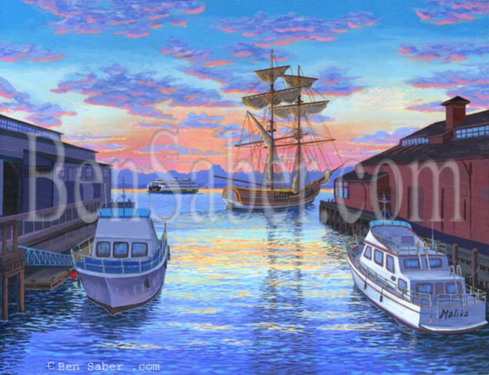 seattle waterfront painting pier 55 picture boat lady washington ferry