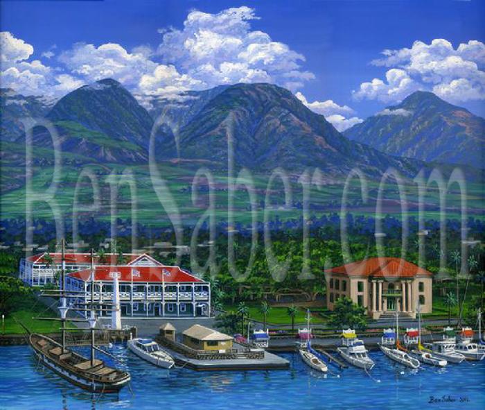 Painting lahaina harbor aerial Pioneer Inn Old Courthouse Carthagenian Maui Mountains boats Picture Painting