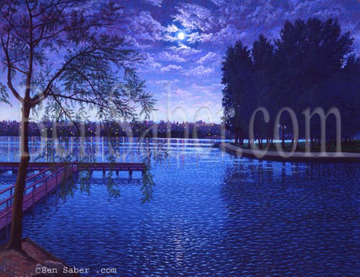 greenlake green lake night moon painting seattle park picture