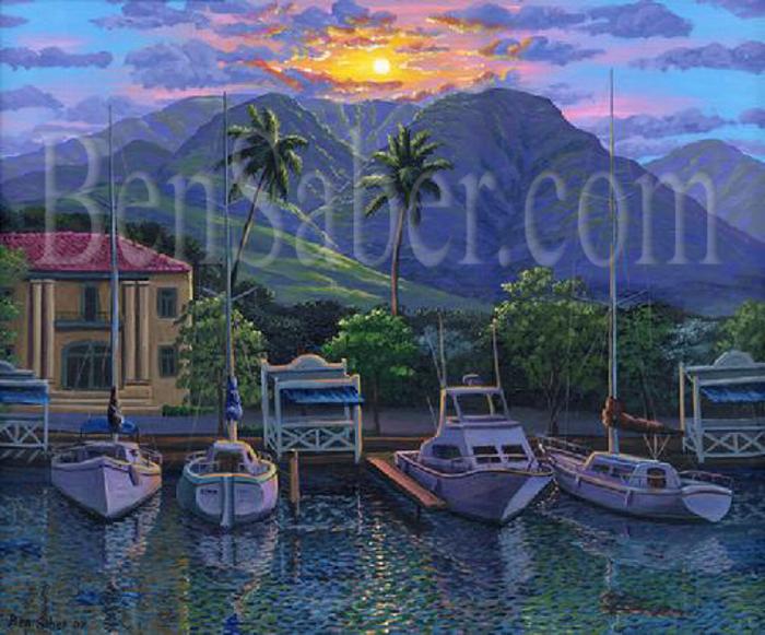 Lahaina harbor sunrise painting west maui mountains picture print canvas art