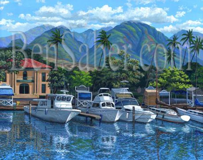 Lahaina harbor painting picture old courthouse west maui mountains boats art print