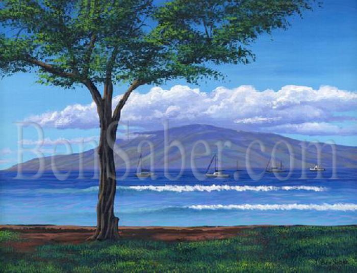 Lanai Island From Lahaina Harbor Park. Original acrylic painting picture