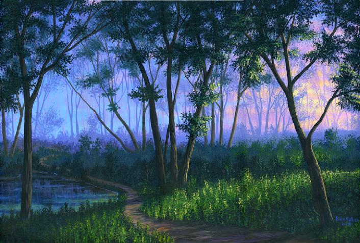 Forest in the fog at sunset painting picture