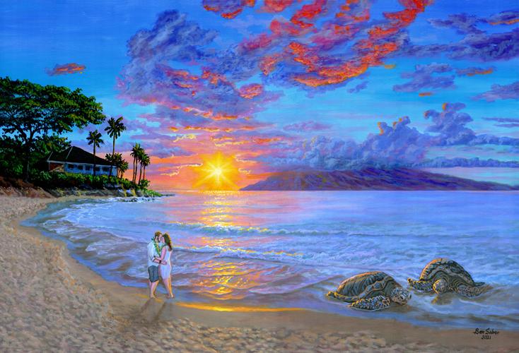 kapalua,bay,maui,hawaii,sunset,painting,picture,art,sea turtle 