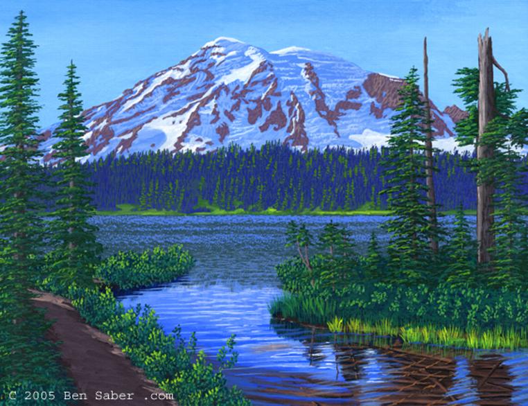 Painting Mount Rainier Reflection Lake, Washington picture art print canvas