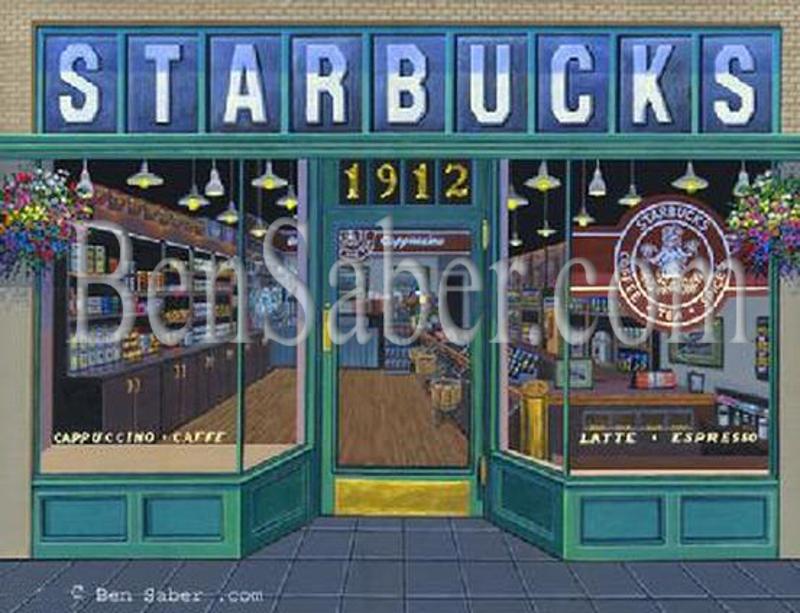 first starbucks store cafe coffee house pike place market seattle painting picture