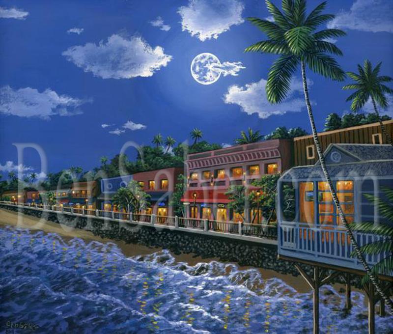 Painting Lahaina town in the moonlight Original acrylic painting on canvas 20x24 inches by Ben Saber Maui Hawaii