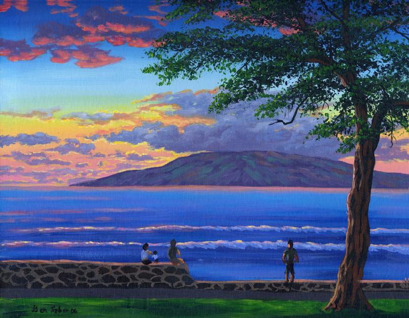 painting Lahaina Harbor and The Island of Lanai After Sunset. Original acrylic painting on Canvas board inches.